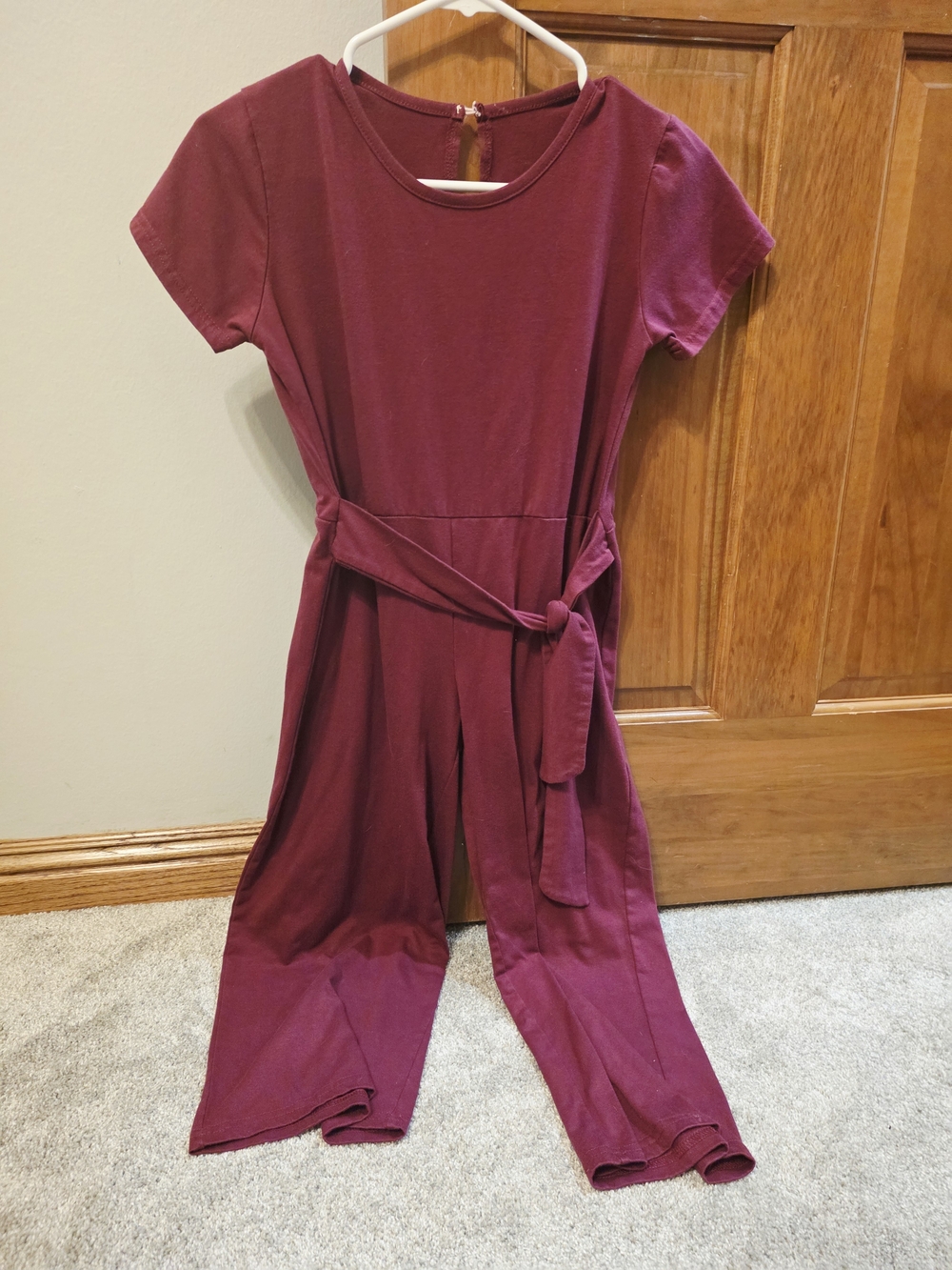 Kids Short Sleeve Belted Jumpsuit - Burgundy